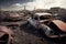 Cars graveyard, Pile of crushed and deformed cars waiting to be recycled in an old cars graveyard. Neural network AI