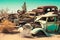 Cars graveyard, Pile of crushed and deformed cars waiting to be recycled in an old cars graveyard. Neural network AI