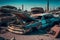 Cars graveyard, Pile of crushed and deformed cars waiting to be recycled in an old cars graveyard. Neural network AI