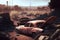 Cars graveyard, Pile of crushed and deformed cars waiting to be recycled in an old cars graveyard. Neural network AI