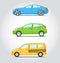 Cars icon series. Flat colors style. Sedan or supercar, hatchback or family car and yellow taxi. Vector illustration.