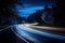 Cars light trails at night in a curve asphalt road at night. Generative AI