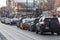 Cars lined up in city traffic in the city of Toronto in Canada