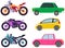 Cars and motorcycles of different types without drivers. Set of modes of transport and shapes