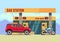 Cars and motorcycles at gas filling station flat vector illustration