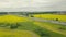 Cars moving on highway on background flower field. Yellow flowers in field