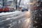 Cars perspective transformed view of freezing rain snow on the street