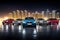 cars on the road in the city at night. 3d rendering, a lineup of iconic and luxurious vehicles, AI Generated