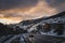 Cars on the road leading to El Tarter village after dusk, Andorra