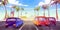 Cars on road, tropical palms cartoon illustration