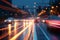 Cars Speeding on City Roads: Long Exposure Light Trails, AI Generative