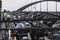 Cars are standing in traffic on one of the bridges in Kyiv, Ukraine. May 2020