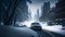 Cars on the street of the city at night in winter amidst snow drifts are moving on a slippery road. Adverse weather conditions due