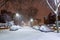 Cars and streets covered in snow in night image of Filomena storm fall in Madrid Spain. Winter