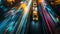 Cars stuck in traffic at night on motorway with many lanes