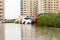 Cars stuck in water in a flooded parking lot after heavy in rain in Dubai