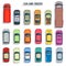 Cars and trucks top view flat vector icons set