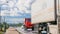 Cars and trucks traffic against the blue sky. Time lapse vehicles on the bridge