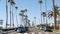 Cars on waterfront road. Pacific ocean tropical beach, palm trees. Beachfront street, California USA
