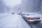 Cars in winter storm and fresh snow on Route 80/95 in Fort Lee, New Jersey from New York City, NY