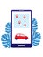 Carsharing through the phone. Vector illustration. The choice of renting a car through the phone on the city map. The points show