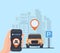 Carsharing service illustration. Urban landscape background, geolocation, car and smartphone in hand. Online rental car.