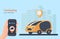 Carsharing service illustration. Urban landscape background, geolocation, car and smartphone in hand. Online rental car.