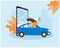 Carsharing. Woman rides in a car escapes from the cold weather of autumn. On the smartphone screen, a map of the choice of the