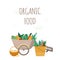 A cart and a bucket of vegetables, fruits and herbs flat vector illustration.