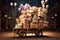 Cart Filled With Boxes and Balloons, A Vibrant Display of Celebration and Packages, Charming view of a cart filled with wrapped