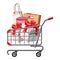 Cart on wheels with shopping icon, cartoon style