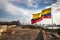 Cartagena, Colombia - The Colombian flag in the Cartagena Fort in a cloudy and windy day. Cartagena, Colombia