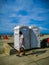 CARTAGENA, COLOMBIA - NOVEMBER 12, 2019: Beach portable bathroom around the city centre, which itself is a tourist