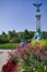 Cartier statue on the Mont-Royal with flowers in foreground