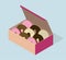 Carton box with different donuts. Vector isometric illustration. Isolated.