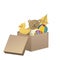 Carton box with kids toys. Children game, box package for baby