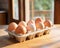 carton of eggs stored in row wise with proper lighting and placed on the table.