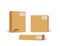 Carton packaging box. Delivery set of different sized packages with postal signs of fragile. Set of closed and open