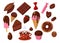 Carton style vector, set of chocolate sweets. All uses of chocolate. Cocoa bean in cooking. Delicious food, cheat meal