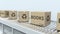 Cartons with books on roller conveyor. 3D rendering