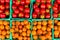 Cartons of orange and red variety of ripe cherry tomatoes