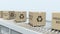 Cartons with PRODUCT OF BELGIUM text on roller conveyor. Belgian import or export related 3D animation