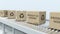 Cartons with PRODUCT OF NORWAY text on roller conveyor. Norwegian import or export related 3D rendering