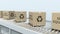 Cartons with server equipment on roller conveyor. Loopable 3D animation