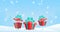 Cartoon 2D frames for Christmas and New Year. Three bouncing magic gift boxes with gifts in a snowy forest. Festive