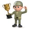 Cartoon 3d army soldier character holding a gold cup trophy award