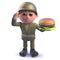 Cartoon 3d army soldier holding a cheese burger