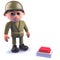 Cartoon 3d army soldier looking at an alarm button on the floor