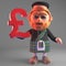 Cartoon 3d bearded Scottish man in kilt holding a UK sterling pounds currency symbol, 3d illustration