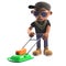 Cartoon 3d black hiphop rapper character in baseball cap mowing the lawn with a lawnmower, 3d illustration